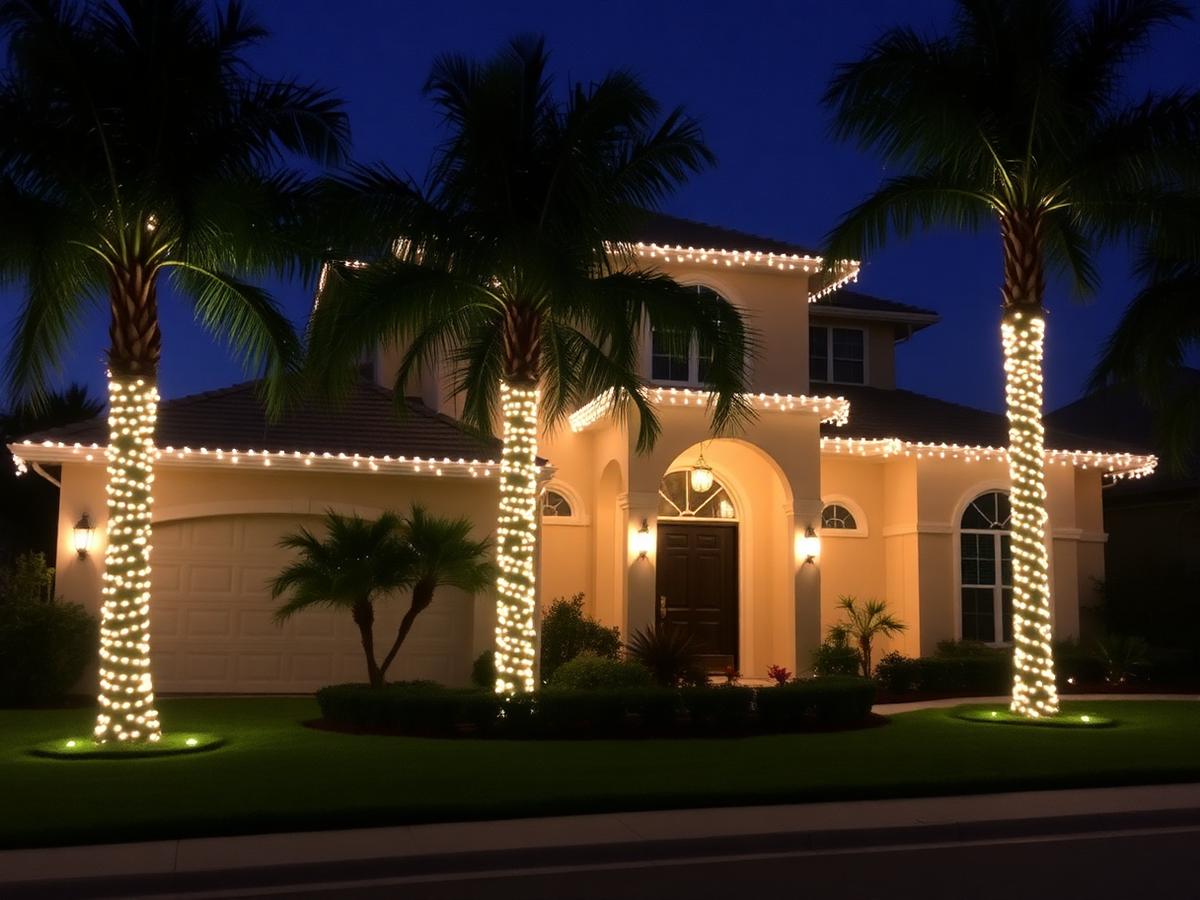 Florida home with warm white roofline lights and palm wraps