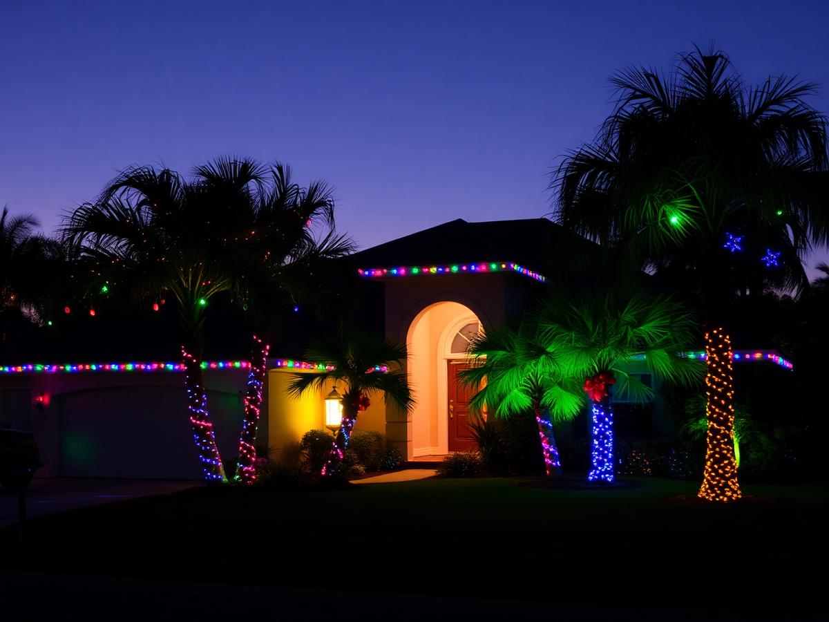Coastal home with multicolor lights