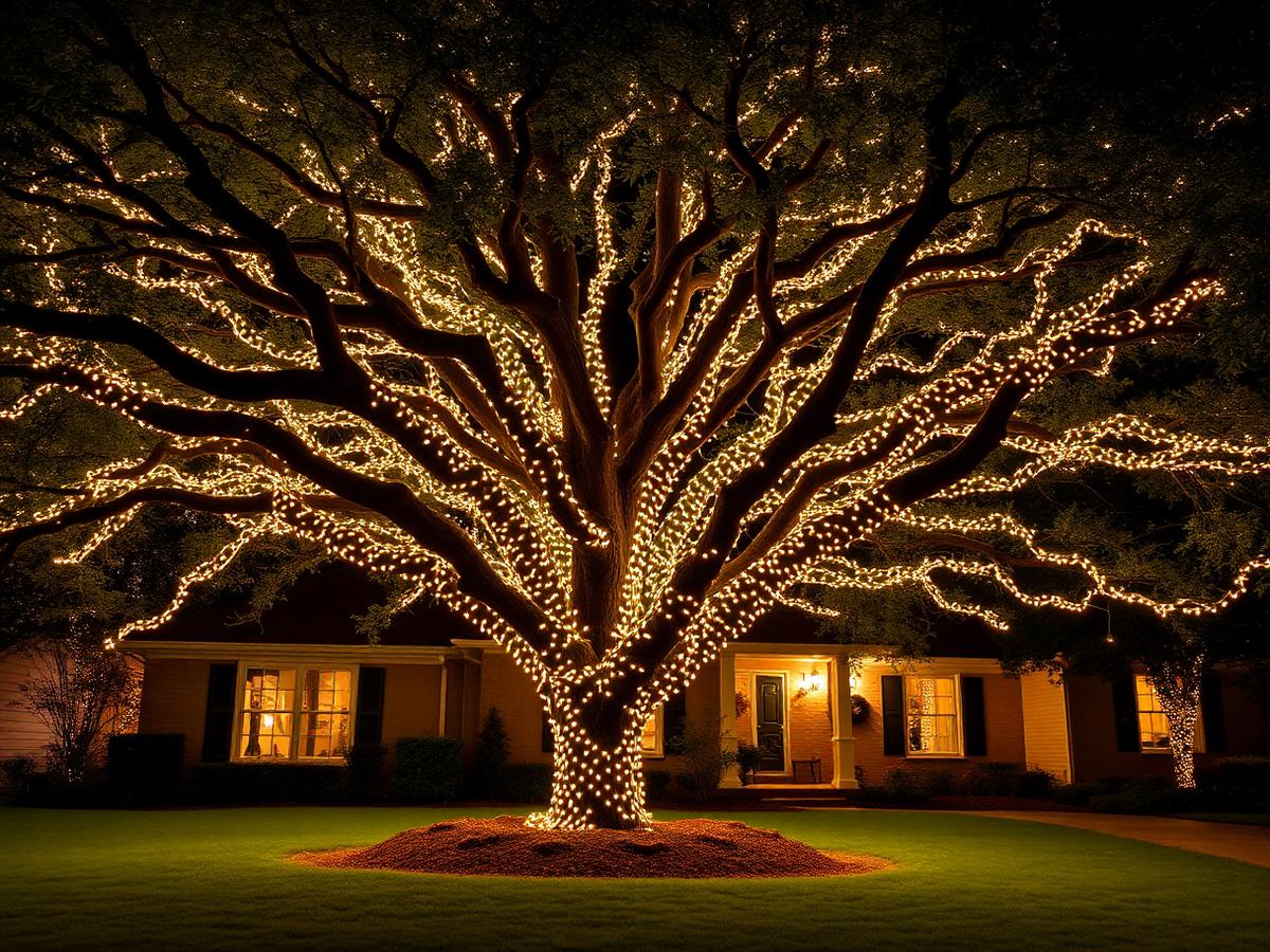 Live oak wrapped in warm white mini lights