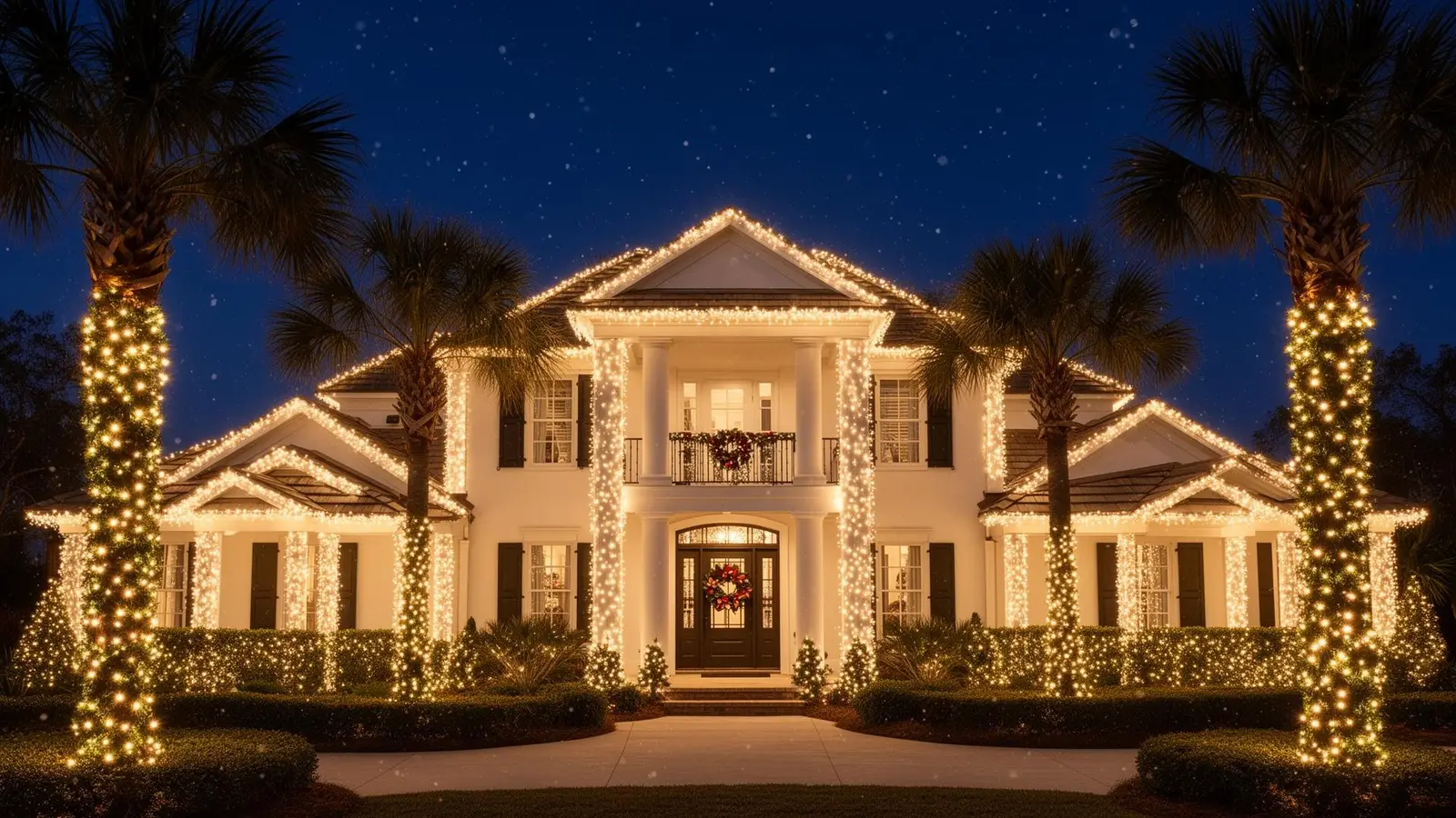 Warm white C9 Christmas lights on a two-story home with wrapped palms — the look we install in Cantonment, FL